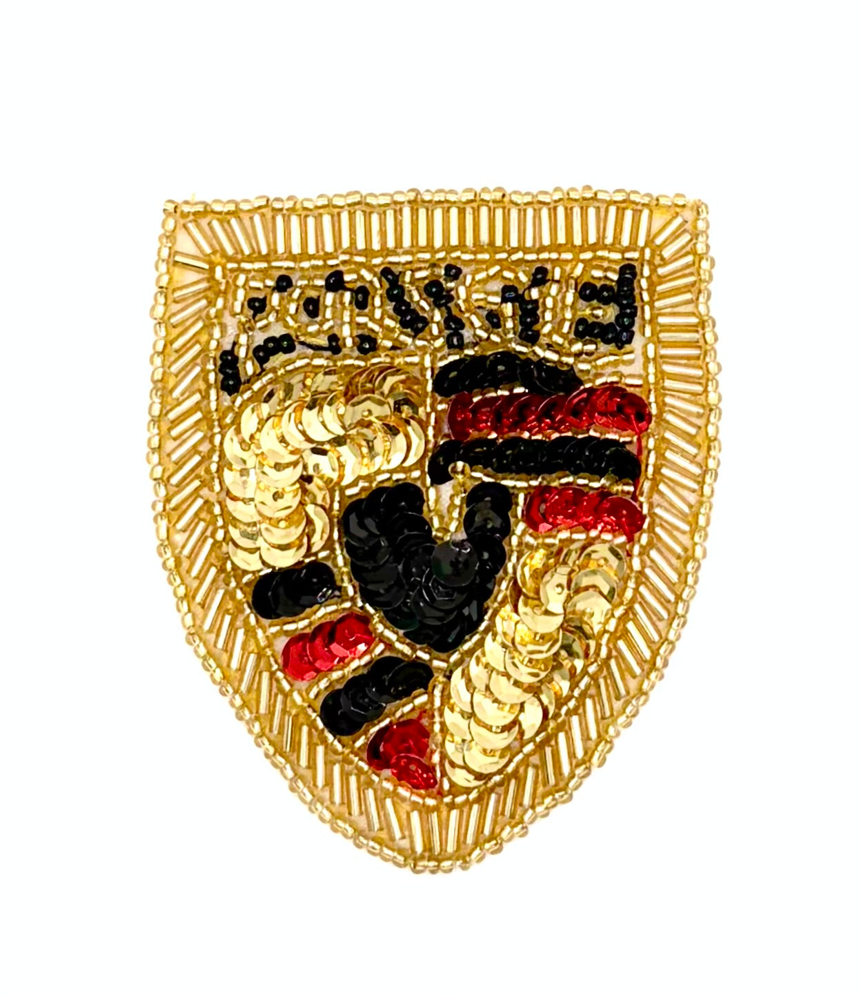 A gold shield-shaped sequin and bead vintage patch featuring the black, red, and gold Porsche crest design, isolated on a white background.