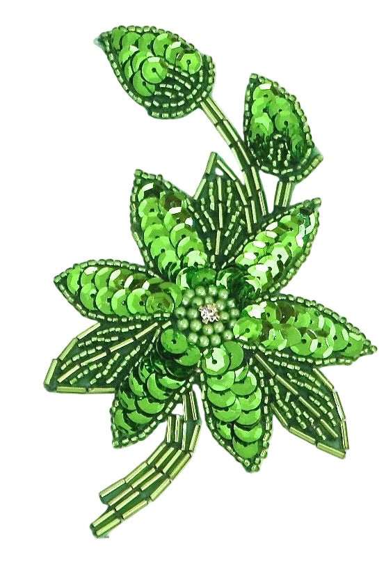 Par de flores con lentejuelas y cuentas verde lima y pedrería central de 5" x 3"