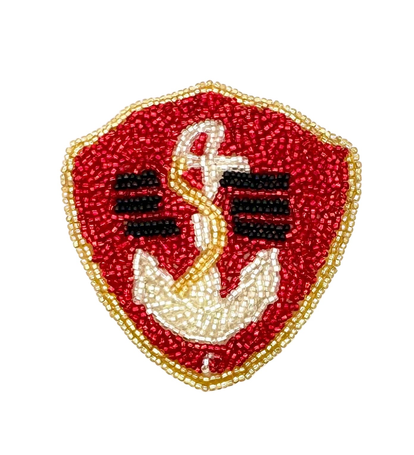 Beaded patch with a red background, white anchor, and black elements on a white background