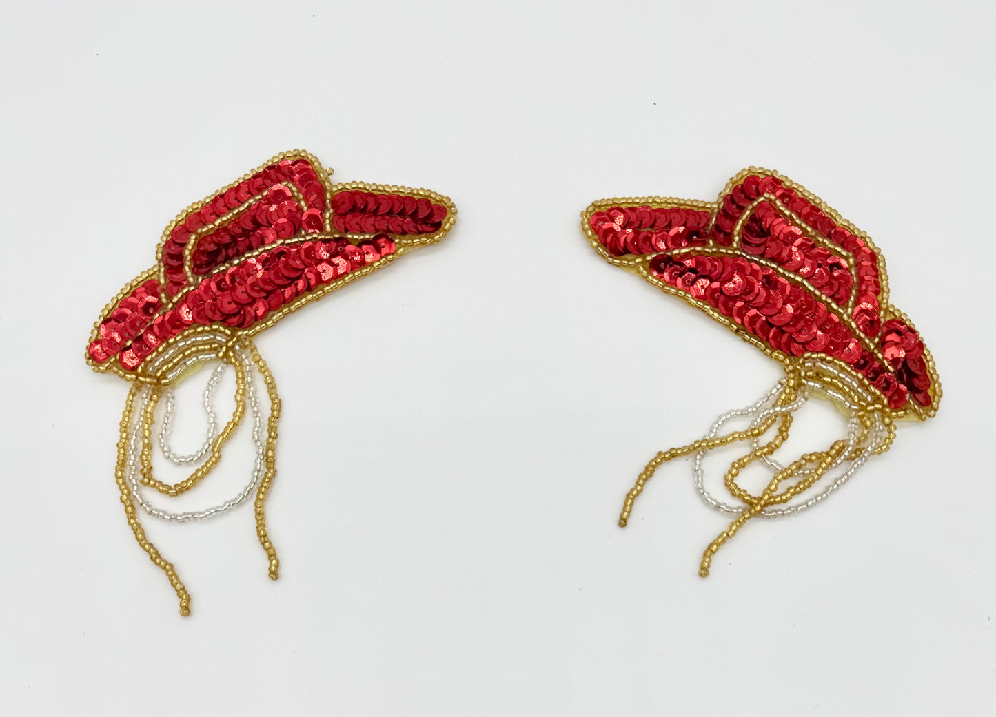 Choice of Single or Pair - Western Hat with Rope - Red Sequins and Gold and Silver Beads - 4" x 4"