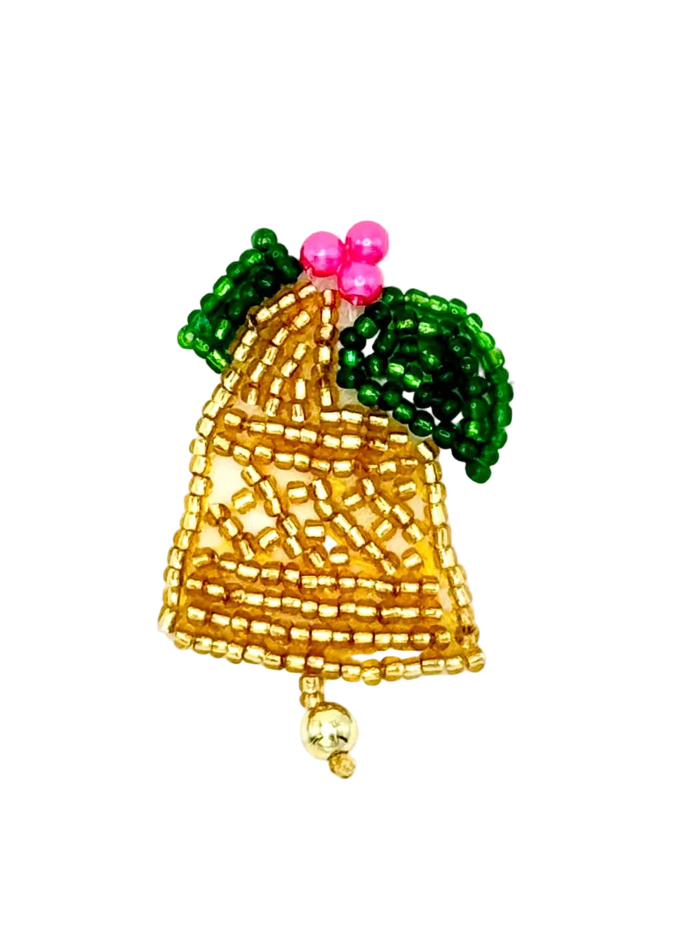 A beaded Christmas ornament shaped like a bell with green holly leaves, pink berries, and a small gold hanging bell, shown on a plain white background.