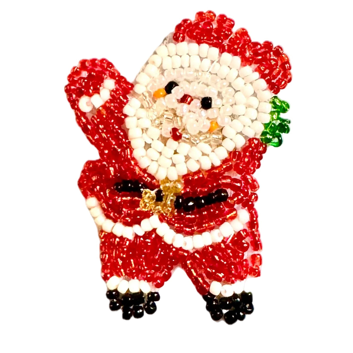 A beaded Christmas Santa Claus figure crafted from red, white, black, and small green glass beads, isolated on a white background.