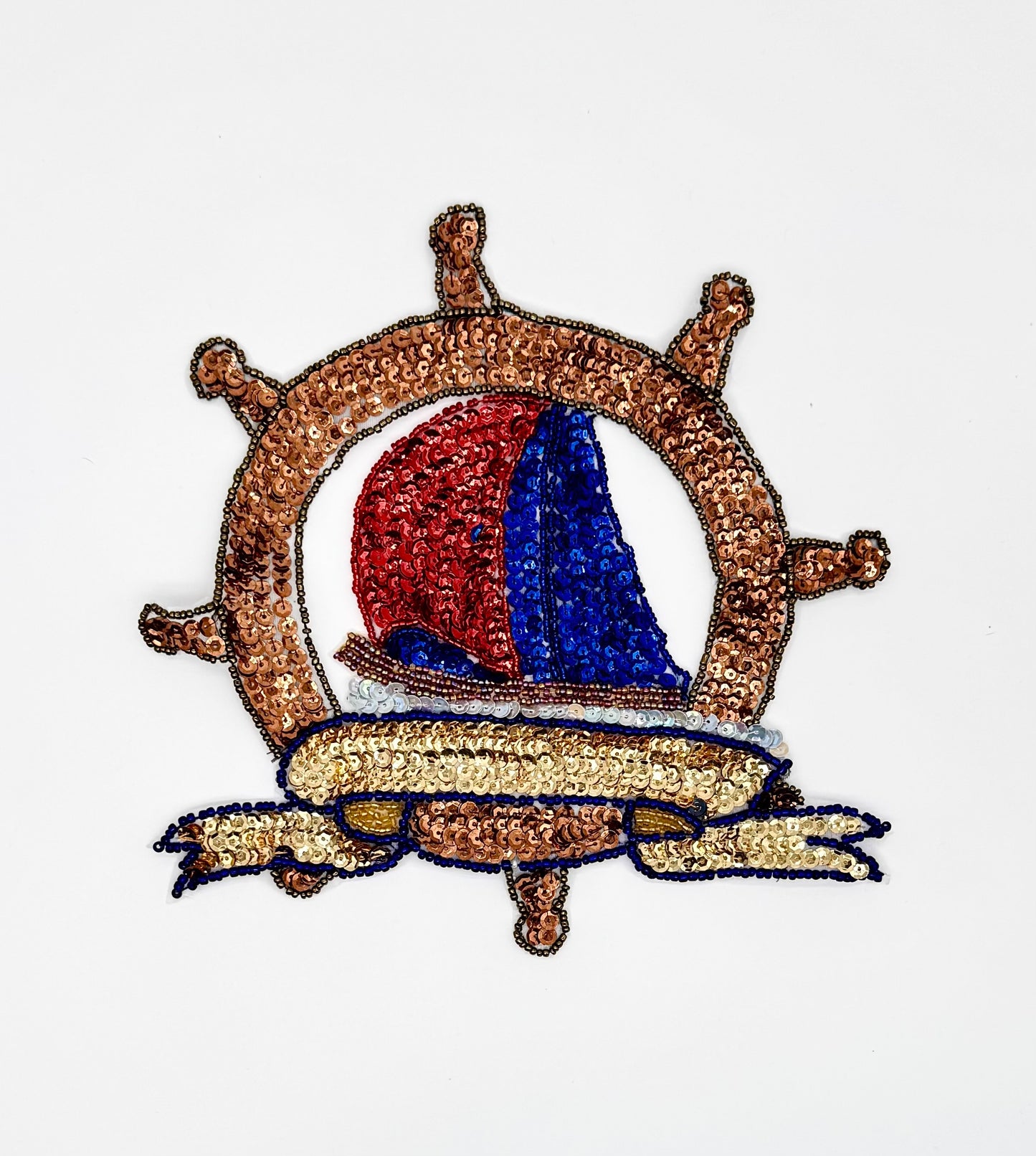 Sailboat inside a Ship's Wheel - Multicolored Sequins/Beads - 8" x 8"