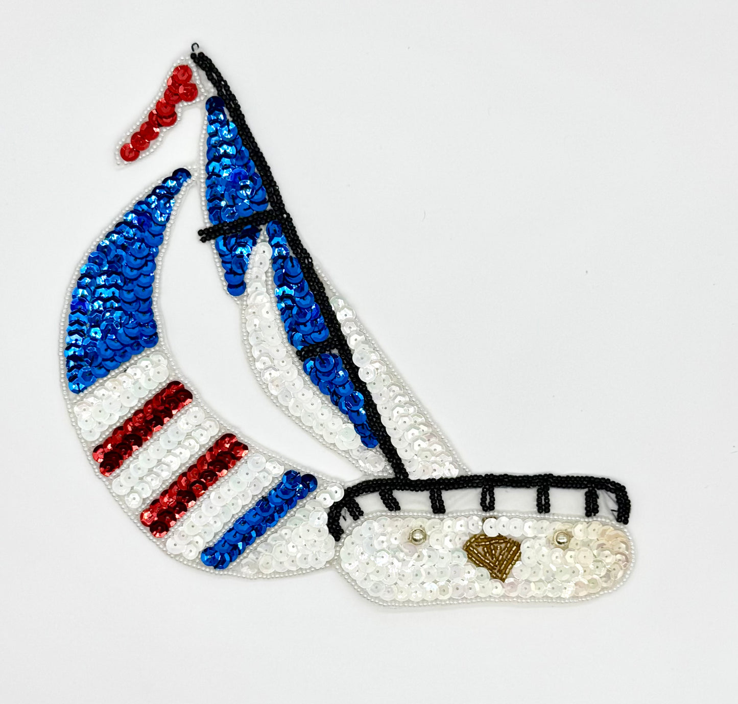 Sailboat - Red/Iridescent White/Blue Sequins - Gold/Black/White/Blue Beads 8" x 7.5"