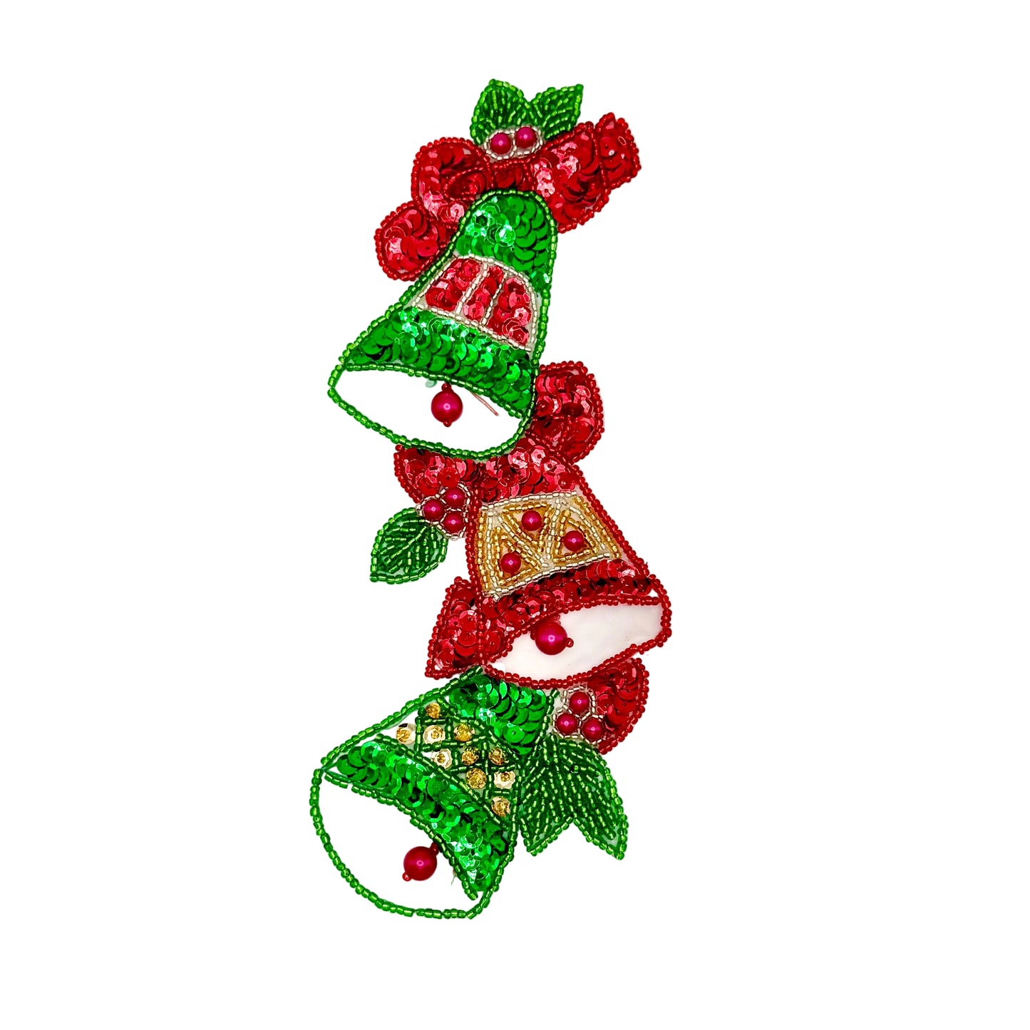 A Christmas-themed sequin applique design featuring three stacked bells in green and red with white centers, gold diamond patterns, and red berries with green leaves, shown on a plain white background.
