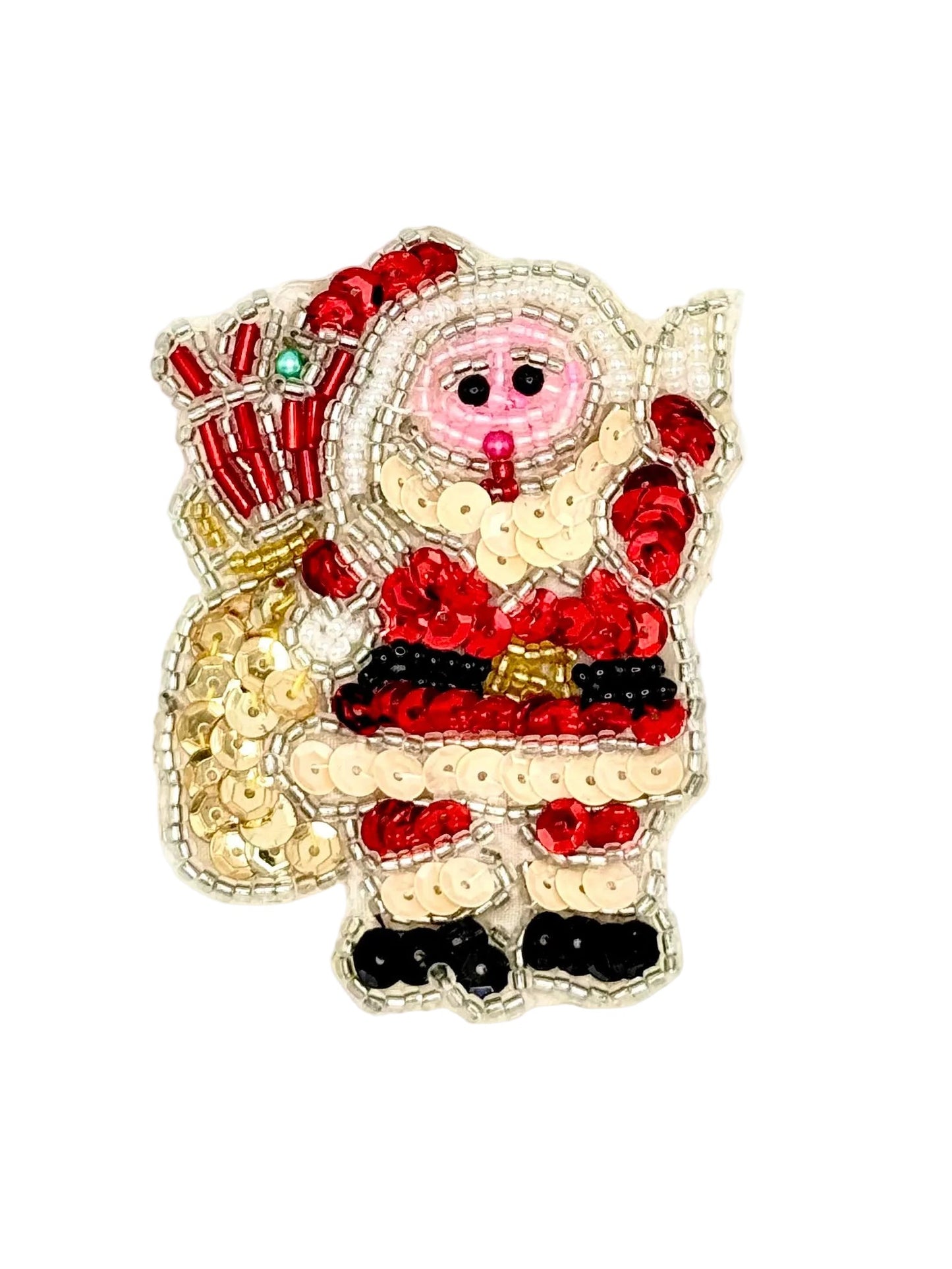 A Christmas-themed sequin patch depicting Santa Claus with a pink face, red and cream sequins, a black belt, and a red-and-white sack, shown on a plain white background.