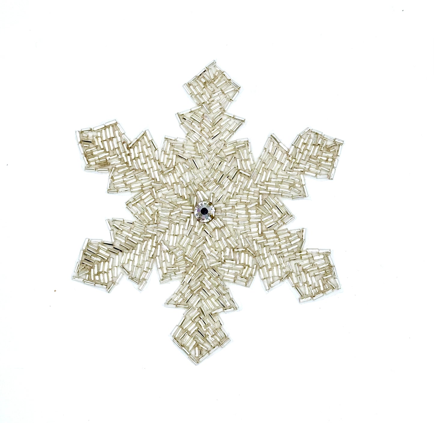 Snowflake with Silver Bugle Beads and a Rhinestone Center - 5" x 5"