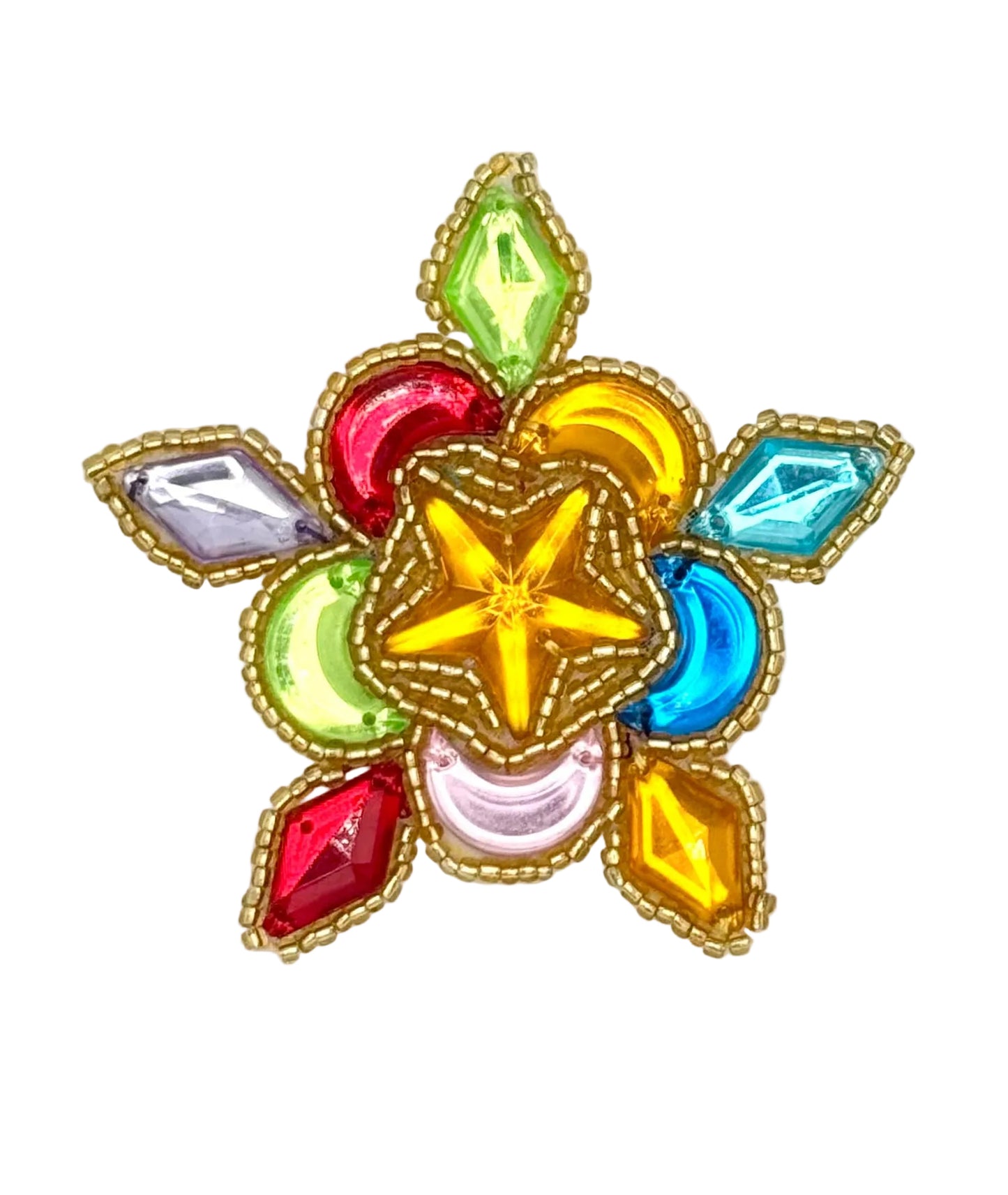 A decorative beaded star-shaped patch featuring a central gold star surrounded by colorful faceted rhinestones in green, blue, red, yellow, and pink, outlined with gold beadwork on a white background.
