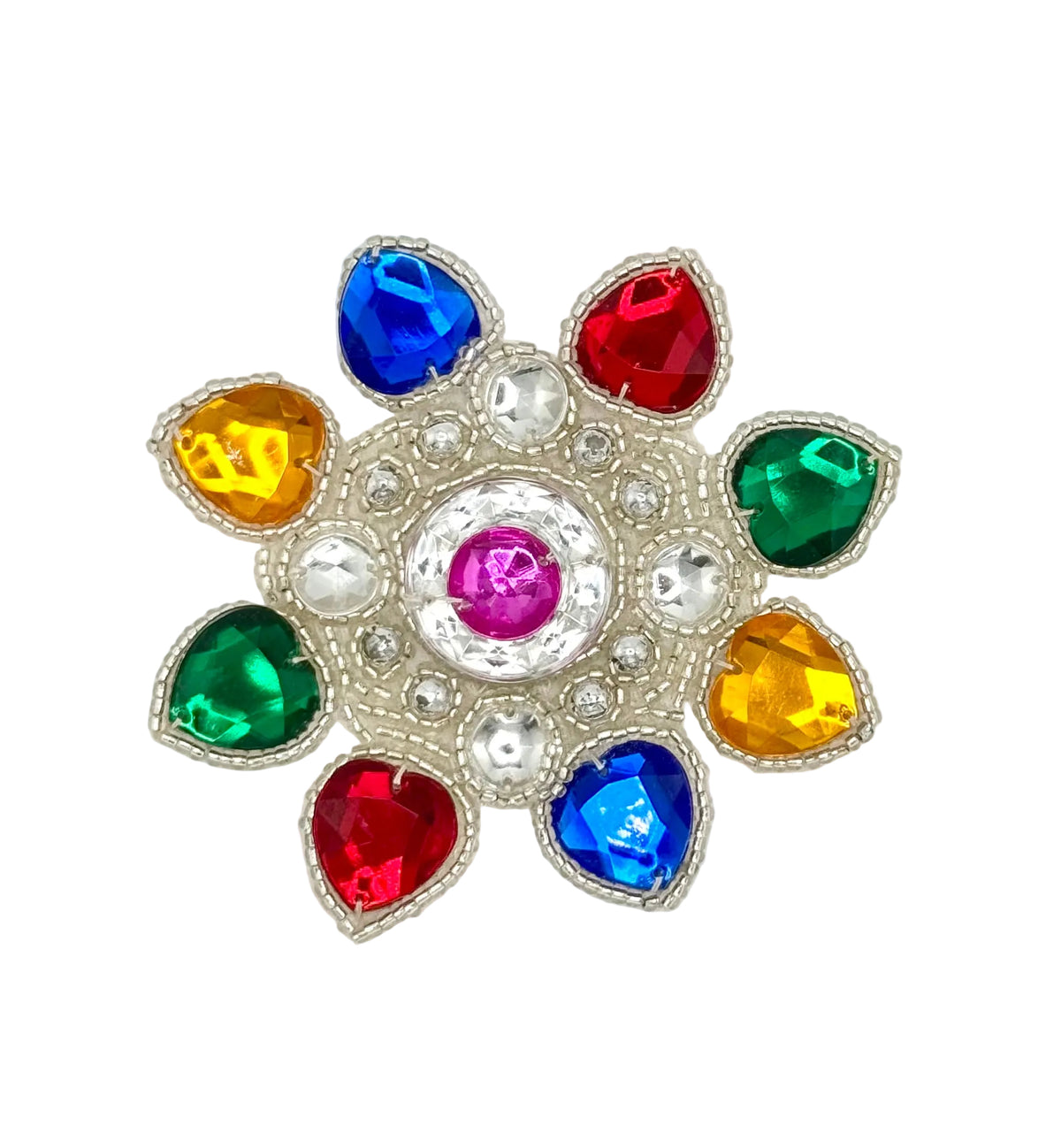 A colorful floral patch featuring a silver-glass bead base adorned with faceted rhinestones and heart-shaped gems in red, blue, green, yellow, and pink, set against a plain white background.