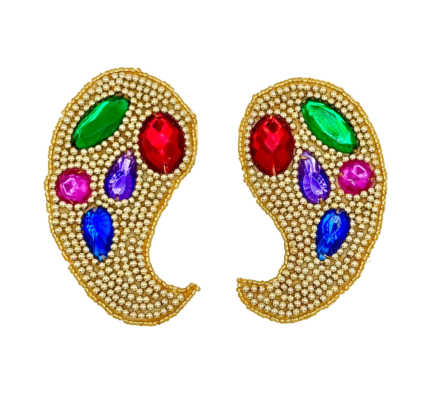 Jeweled Beaded Paisley Shaped Pairs with Multi-Colored Gems and Gold Beads 3.75" x 2.25"