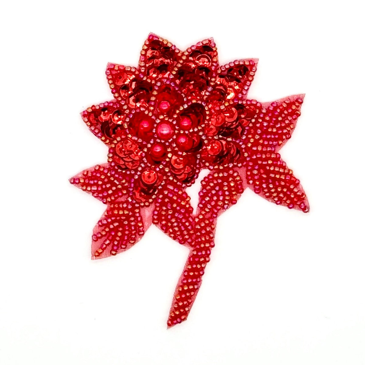 Flor con Lentejuelas Rojas y Hojas de Cuentas Rojas e Iridiscentes 4" x 3.5"