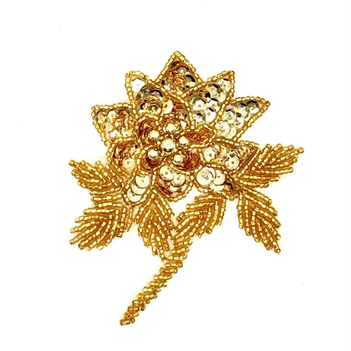 Flower Appliqué - Gold Sequins - Glass Beads 4" x 3.25"
