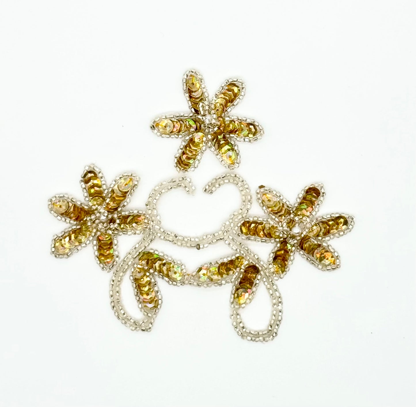 Triple Flower with Gold Sequins, Silver Beads and Pearl Pearl 5" x 4" Choice of Spotlight Gold or Regular Gold