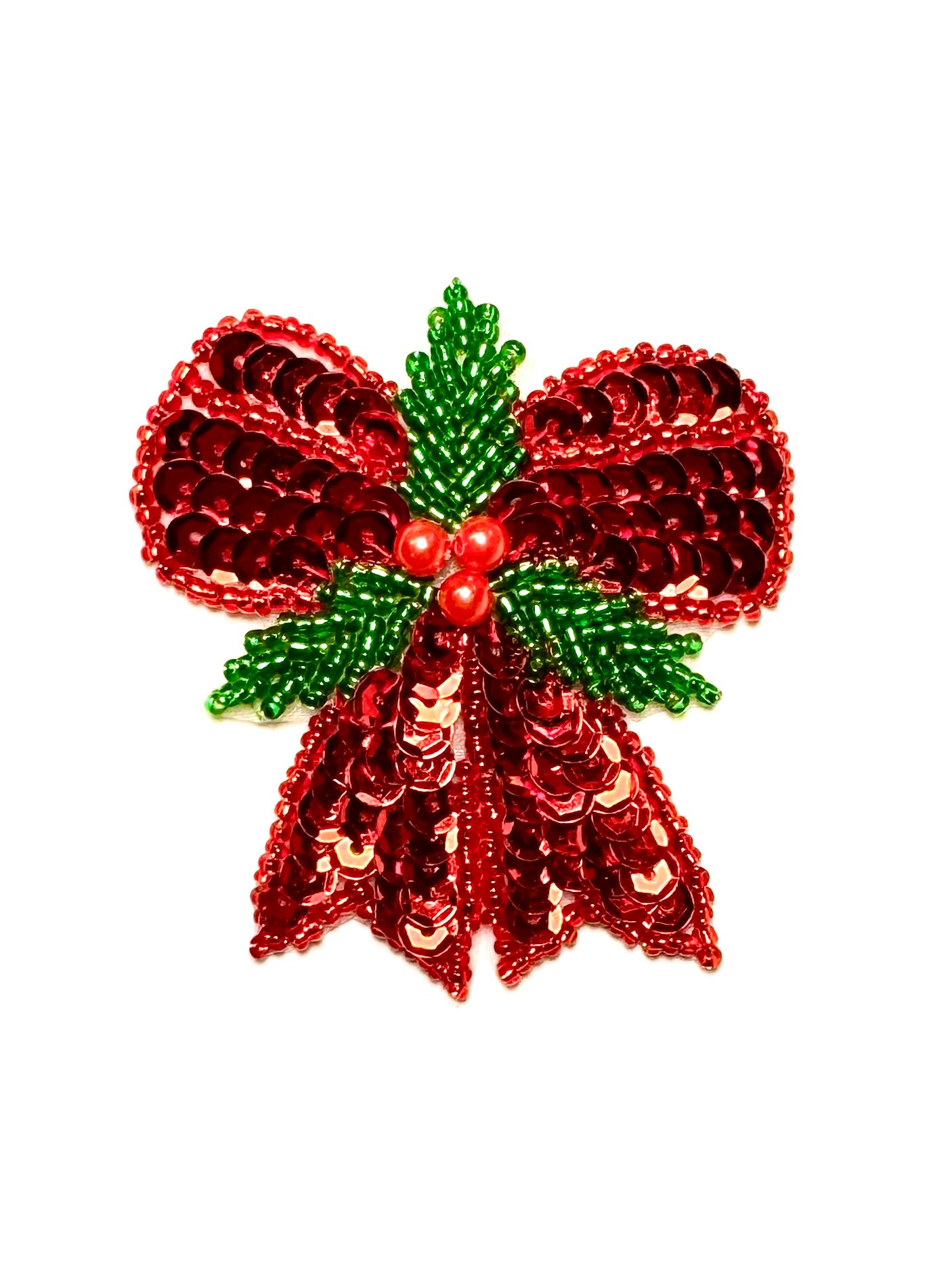 Bow with Holly - Red Sequins with Red and Green Beads 2.5 x 2.25"