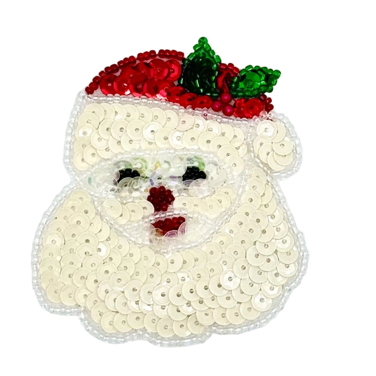 A Santa Claus face patch made of cream sequins with red and green sequin accents on a white background.