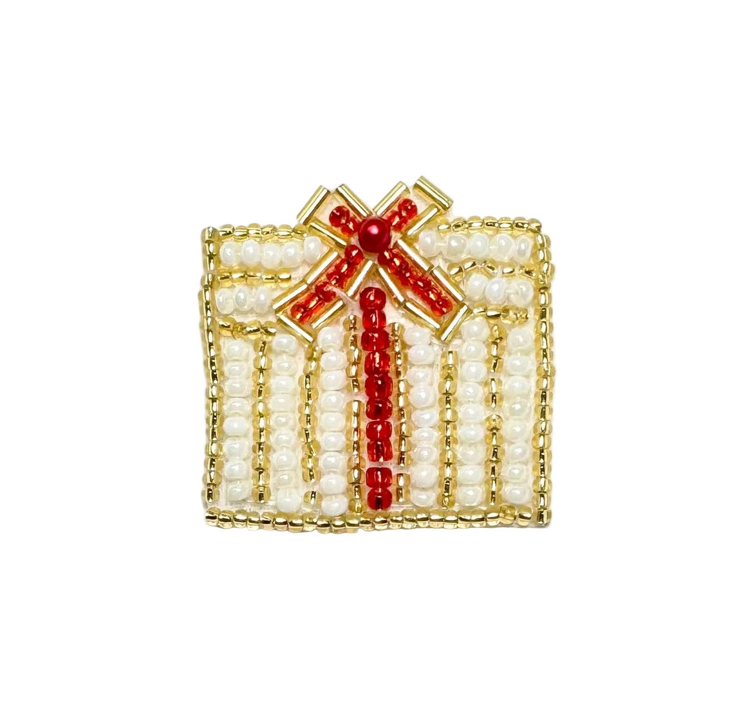 Wrapped Christmas Present with Gold, Red and White Beads 1.5" X 1.5"