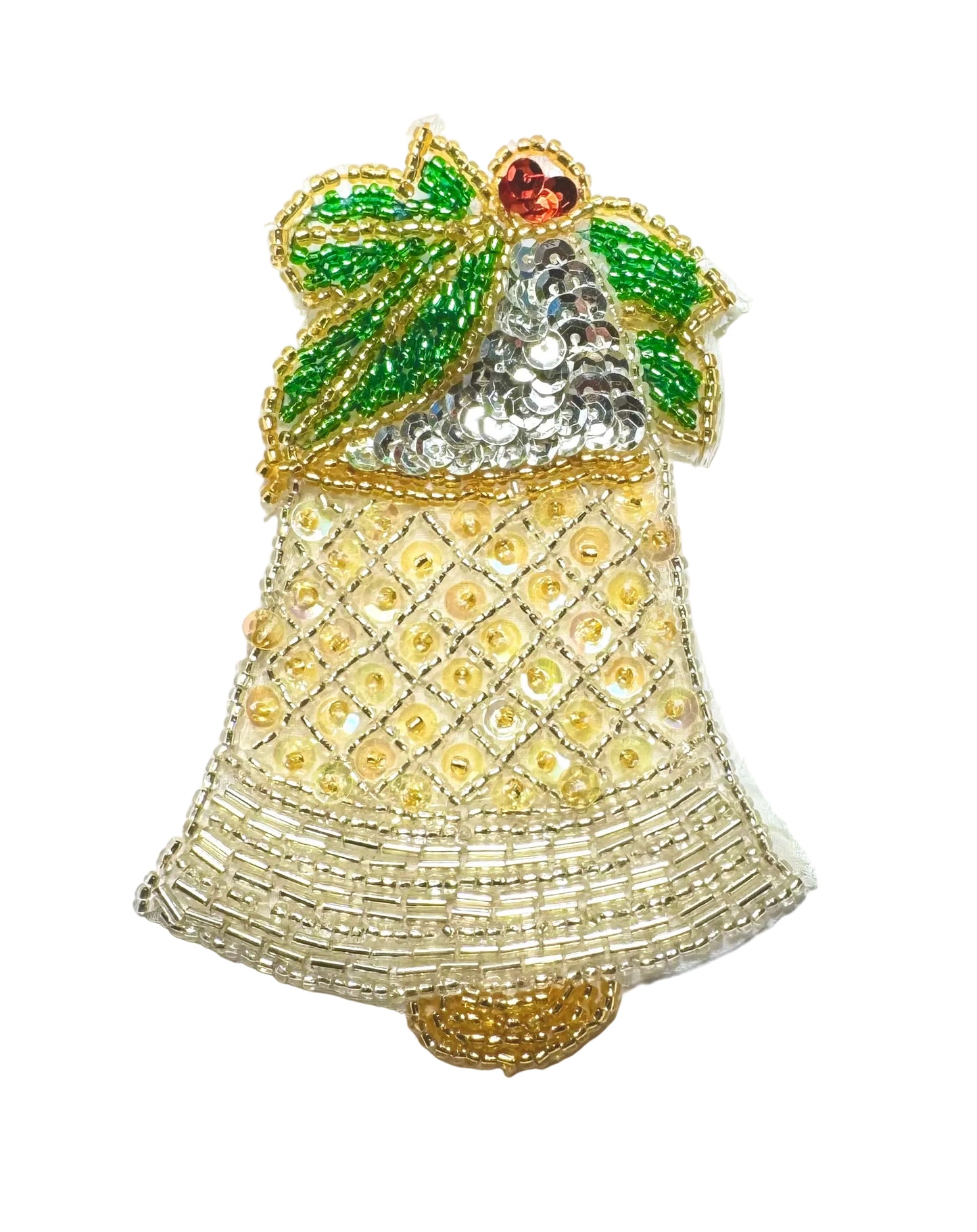 Decorative Christmas bell with sequins and a beaded design on a white background