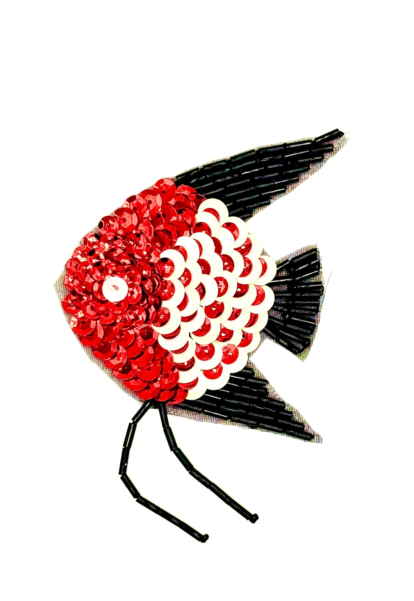 Fish Appliqué - Red/Cream/White Sequins - Black Beads 4" x 2.5"