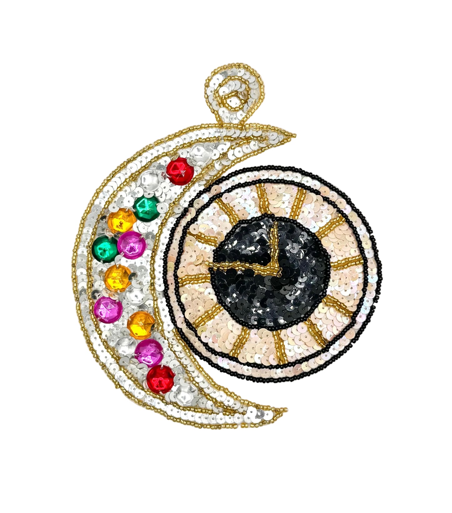An sequin patch featuring a crescent moon and clock design, embellished with gold thread, white sequins, and colorful rhinestones in red, green, yellow, pink, and purple, set against a plain white background.