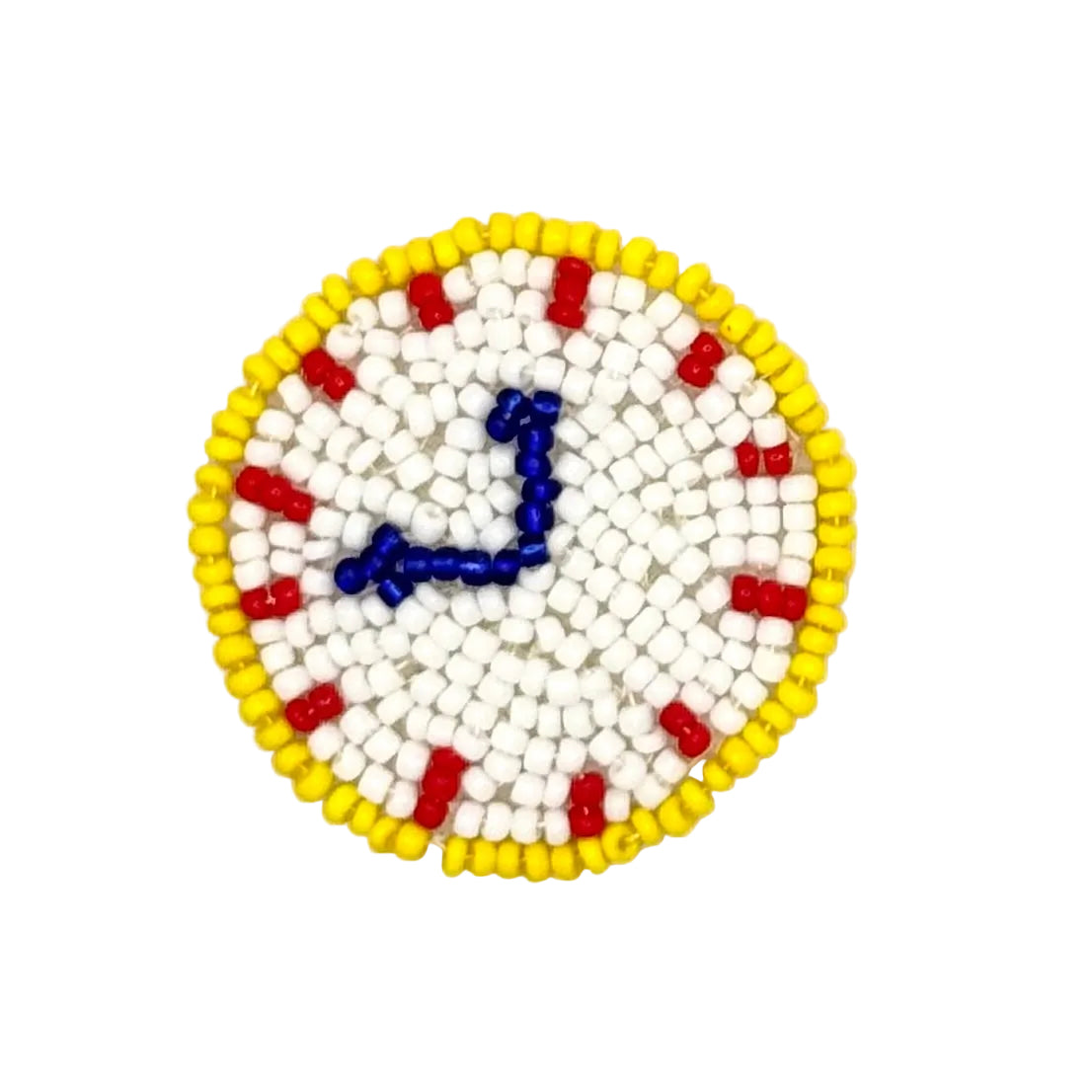 A circular beaded clock face ornament on a plain white background. The clock features a white center, a yellow outer border, red hour markers, and blue clock hands.