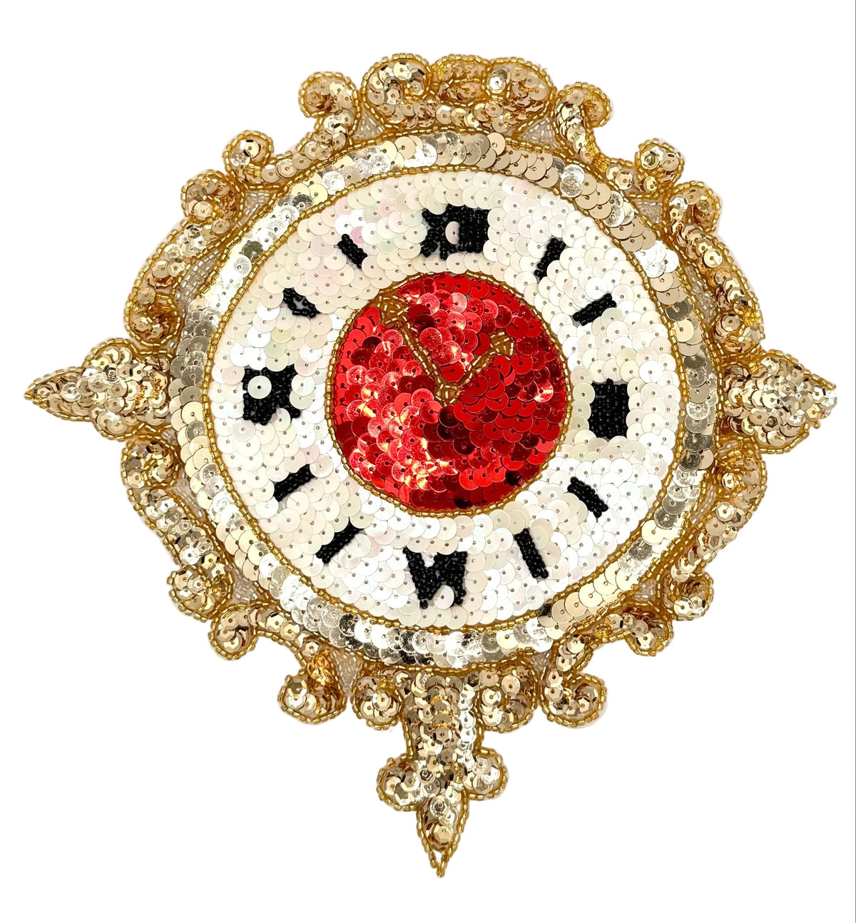 An ornate sequined wall clock with a gold filigree frame, a white face with black Roman numerals, and a vibrant red sequined center.