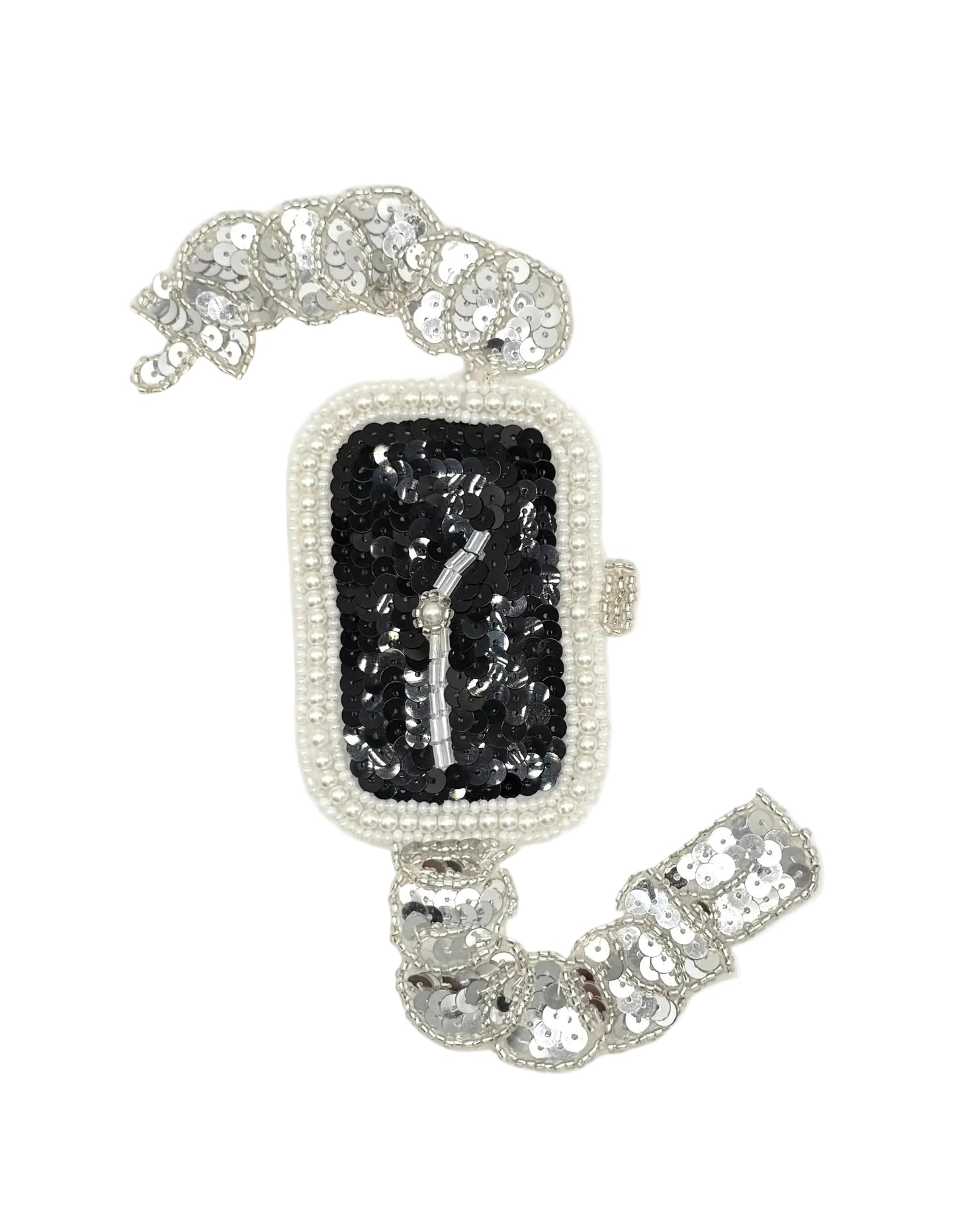 A decorative costume patch shaped like a wristwatch, featuring a black sequined face, a white beaded border, and silver sequined curved arms on a plain white background.