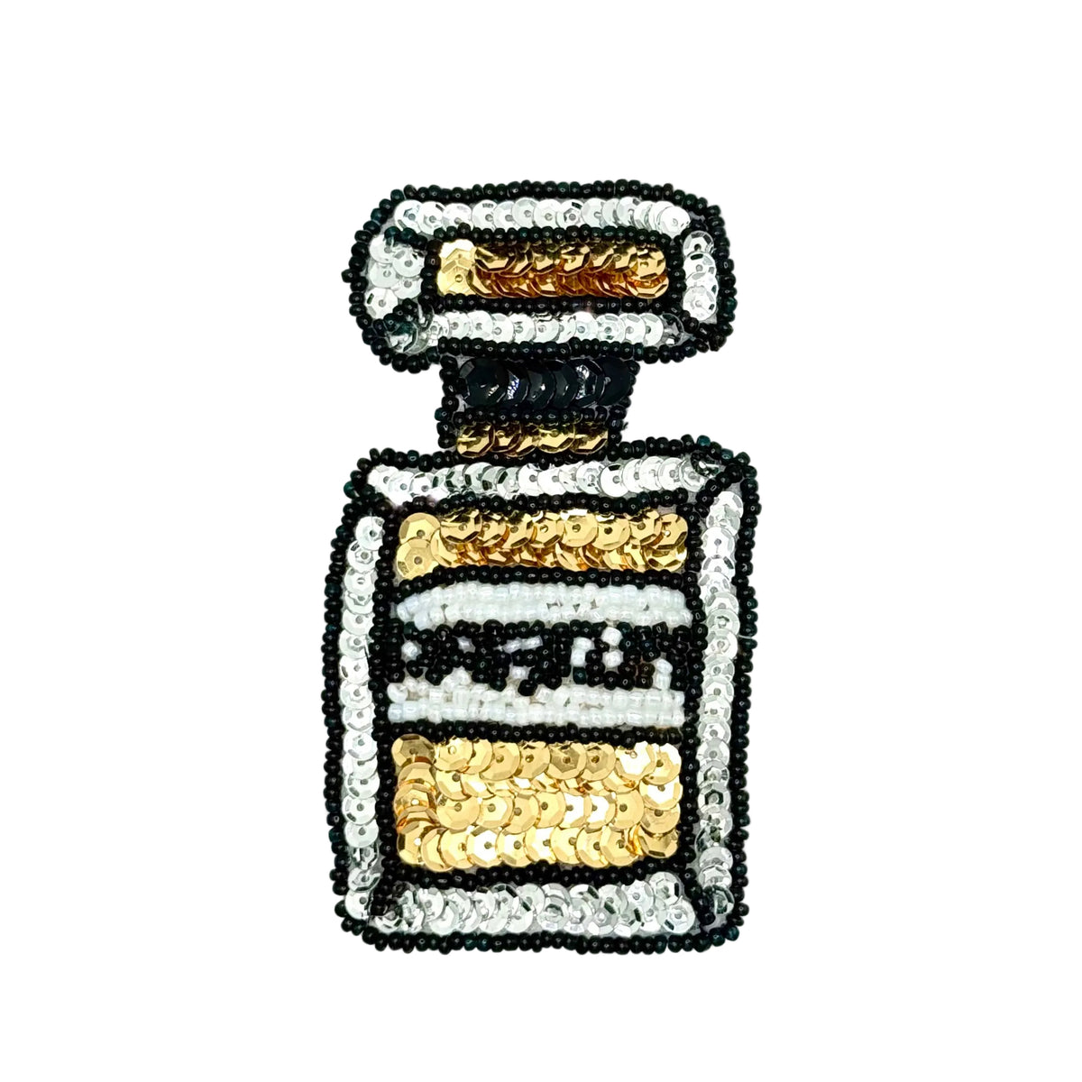 A sequined patch shaped like a perfume bottle, featuring gold, silver, black, and white sequins on a plain white background.