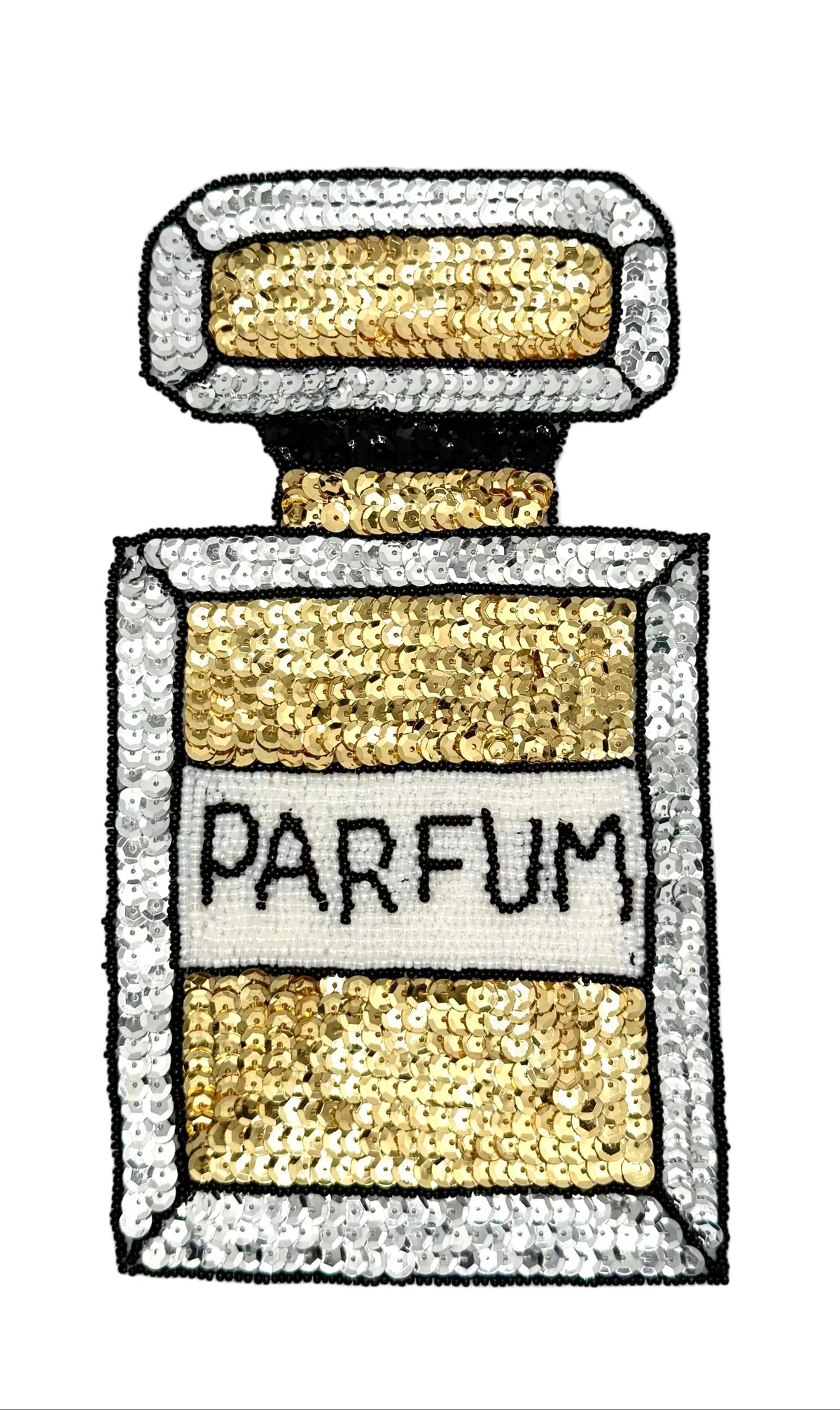 An sequin patch shaped like a perfume bottle, featuring gold sequins for the liquid and label, a white sequin border, and black beaded outlines and text reading 'PARFUM'.