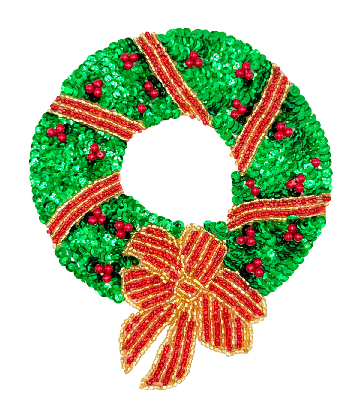 Decorative sequin Christmas wreath with red beaded ribbons and berries on a white background