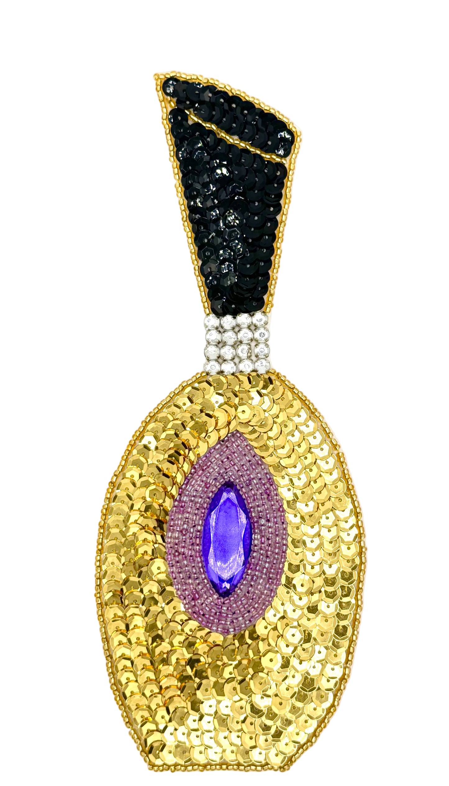 A gold sequined perfume bottle featuring a purple oval center with a blue marquise-cut stone, accented by a black sequin top and a white rhinestone collar on a white background.