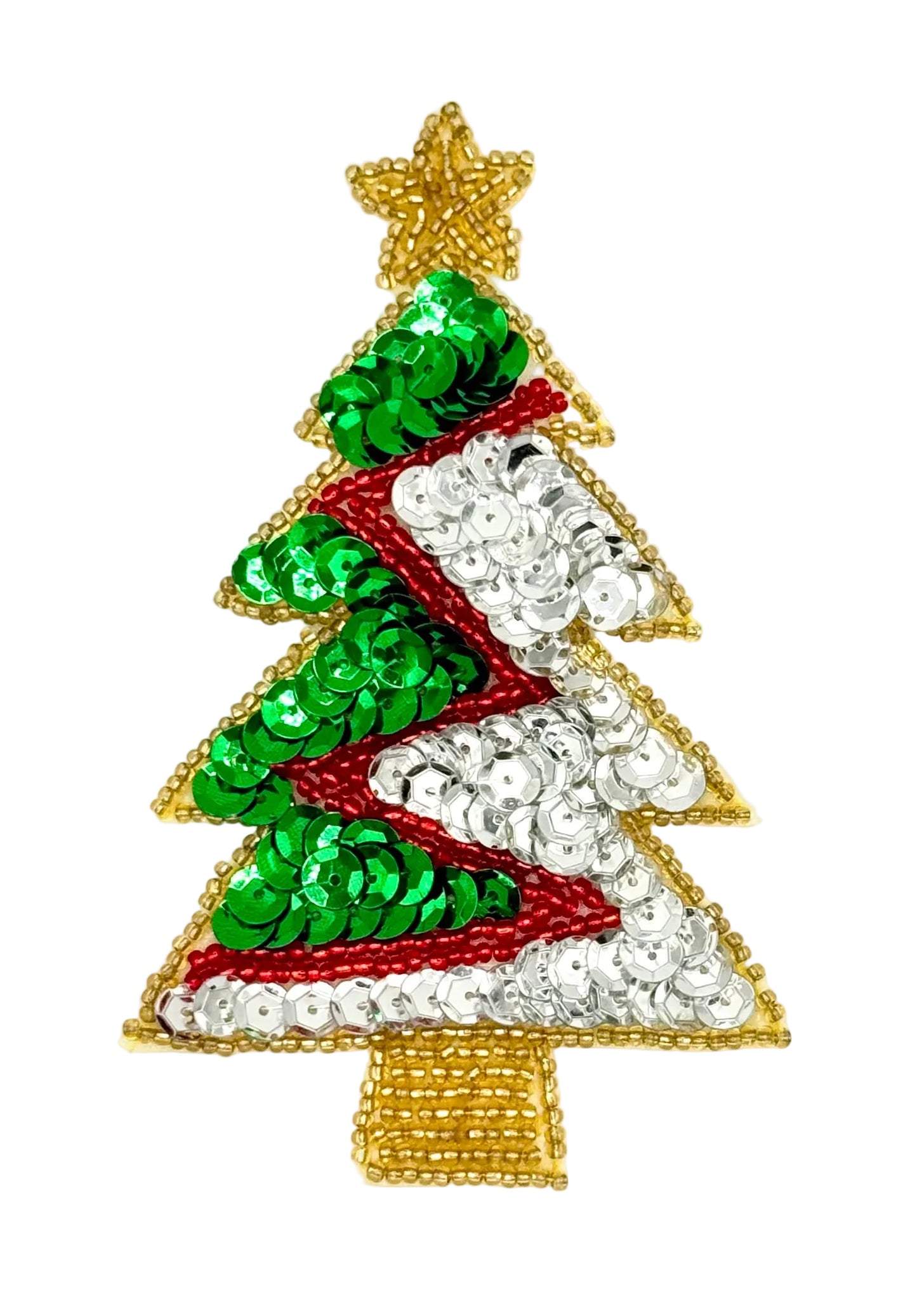 Decorative Christmas tree appliqué with sequins and beads on a white background
