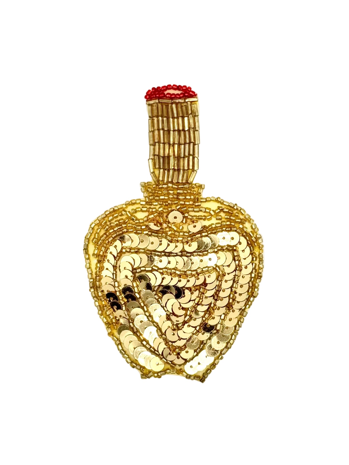 Sequin and bead perfume bottle appliqué with Gold Sequins and red and gold glass beads on a white background.