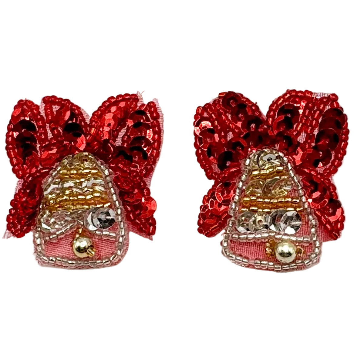 Christmas Bell Earrings with Red Bows, 1.5" x 1.25"