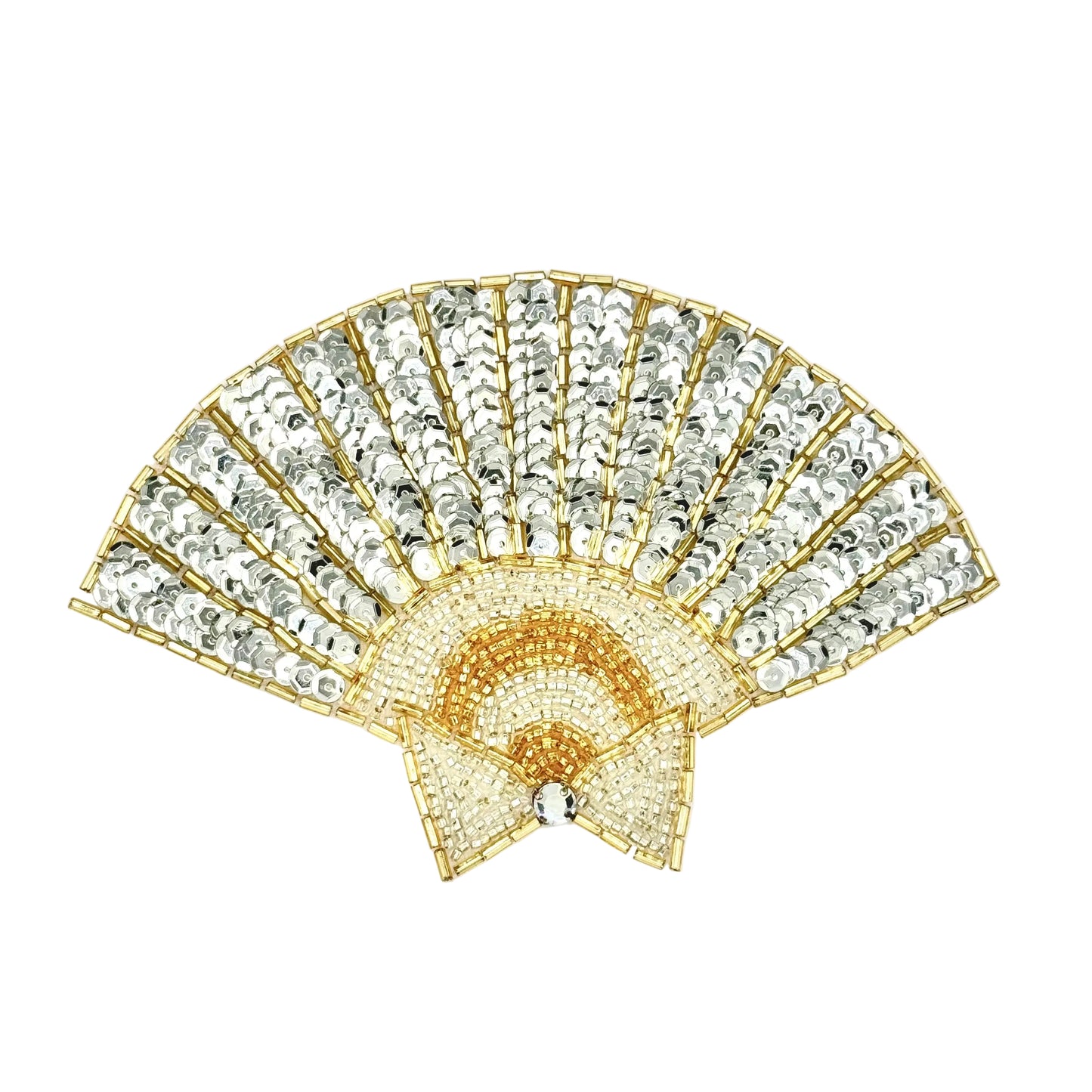 A gold and silver sequined fan-shaped embellishment with a small bow detail with a rhinestone at the center, shown on a plain white background.
