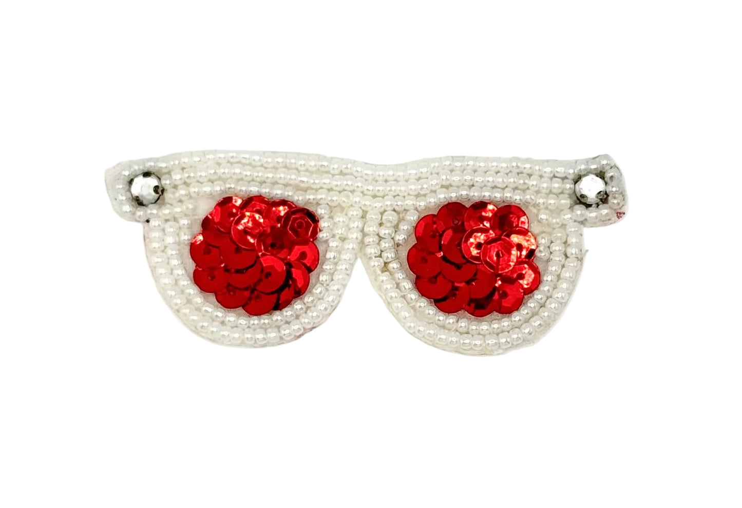 A pair of novelty sunglasses with red sequined lenses and white pearl-beaded frames with rhinestones, shown on a plain white background.