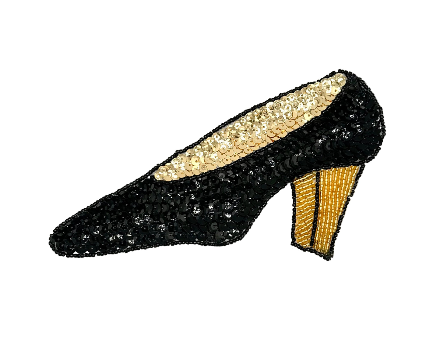 A single black high-heeled shoe embellished with sequins, featuring a gold sequined insole and a gold beaded block heel, shown on a plain white background.