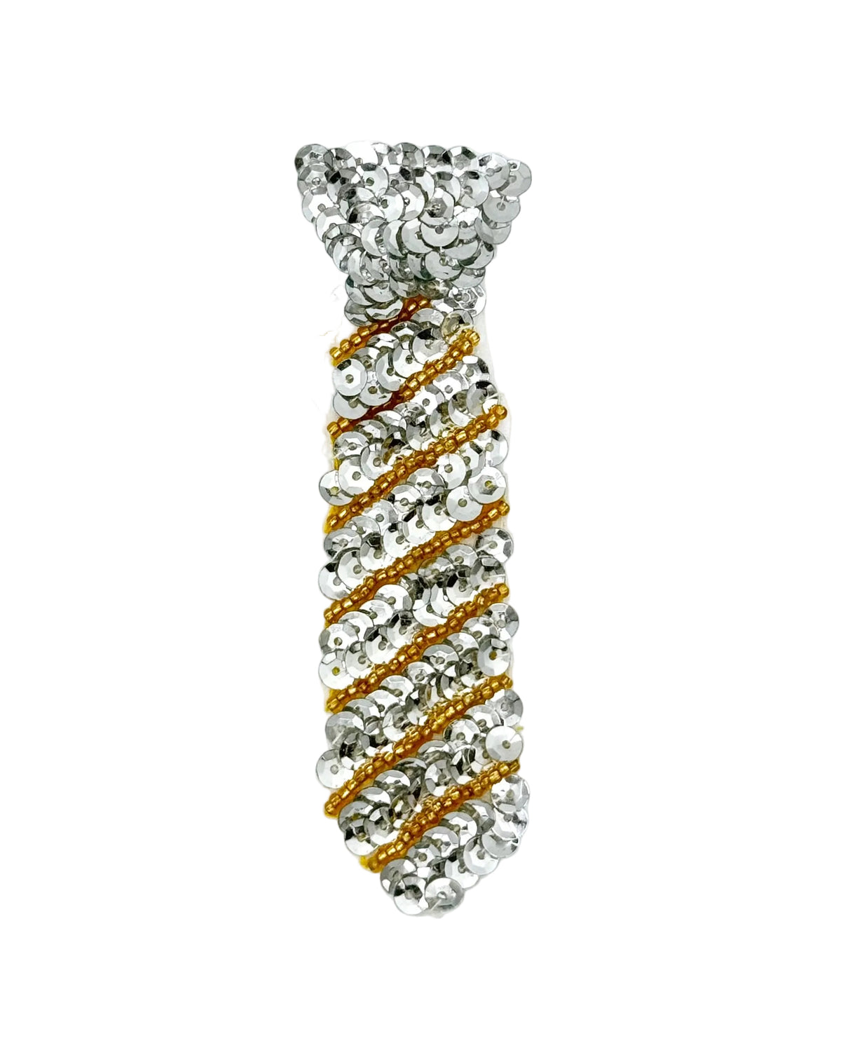 A novelty necktie-shaped accessory covered in silver sequins with diagonal gold beaded stripes, shown on a plain white background.