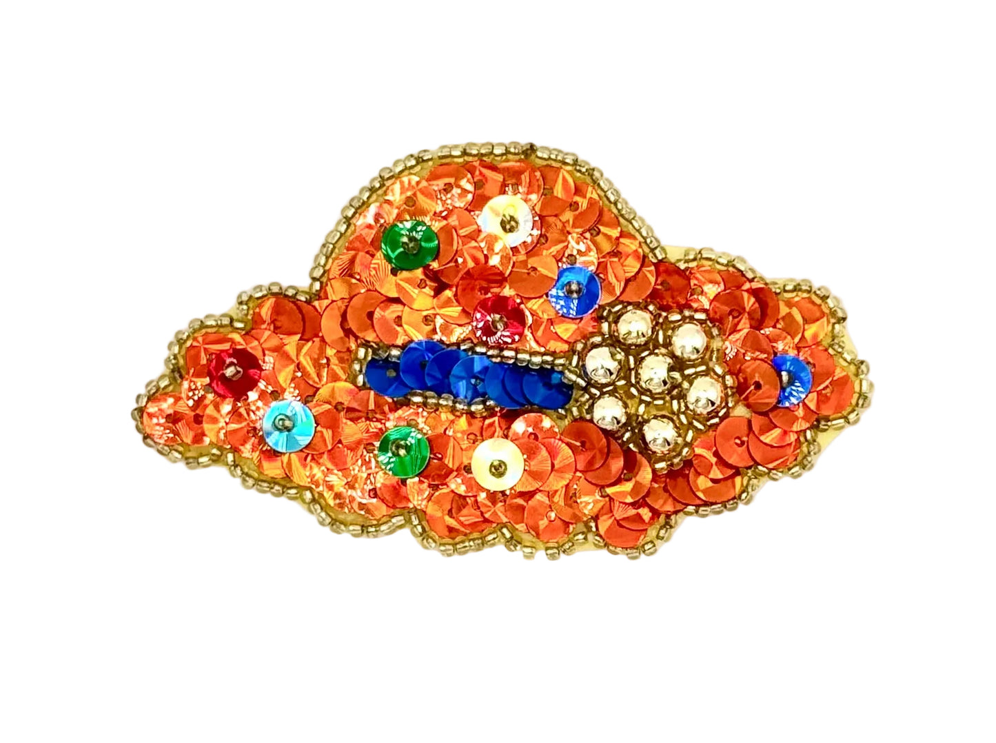 A decorative hat embellishment made of orange sequins and gold beads, with other multicolored sequins and a blue sequin accent, shown on a plain white background.