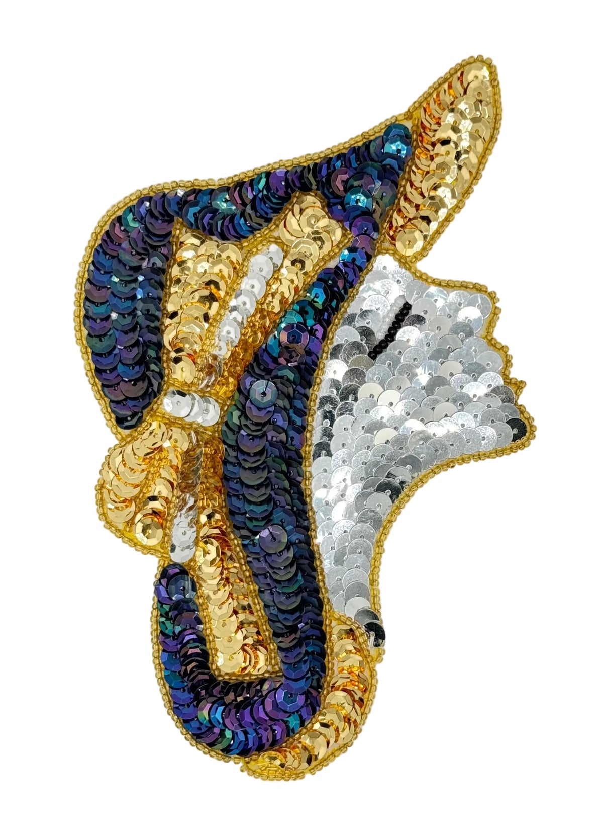A sequined patch shaped like a stylized profile of a woman's face wearing a hat, featuring gold, silver, blue, and purple iridescent sequins on a white background.
