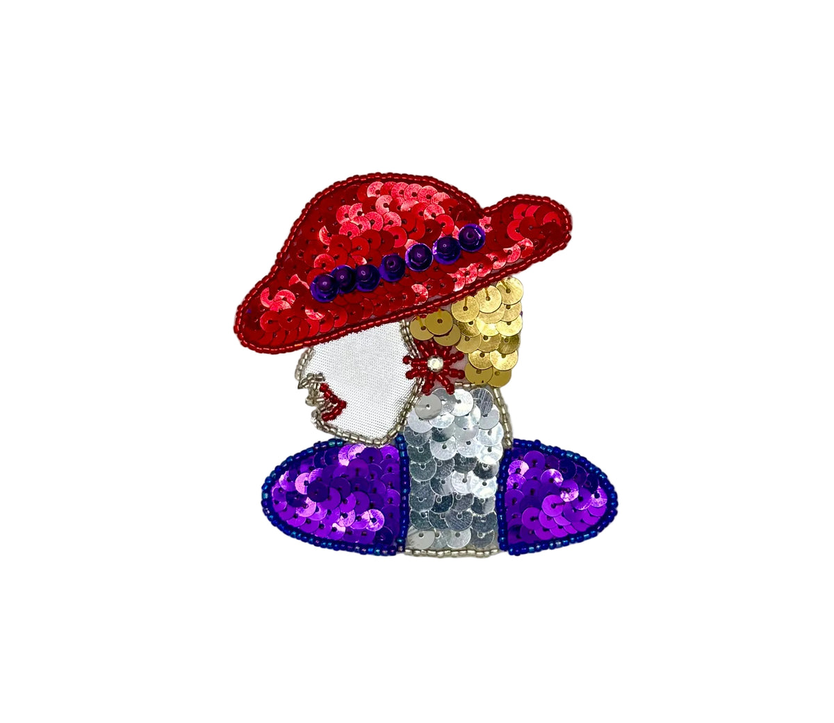 A decorative sequined patch depicting a stylized figure wearing a red hat with blue beads, a silver face area, gold sequins, a silver sequin torso, and purple heart-shaped bottoms, shown on a plain white background.