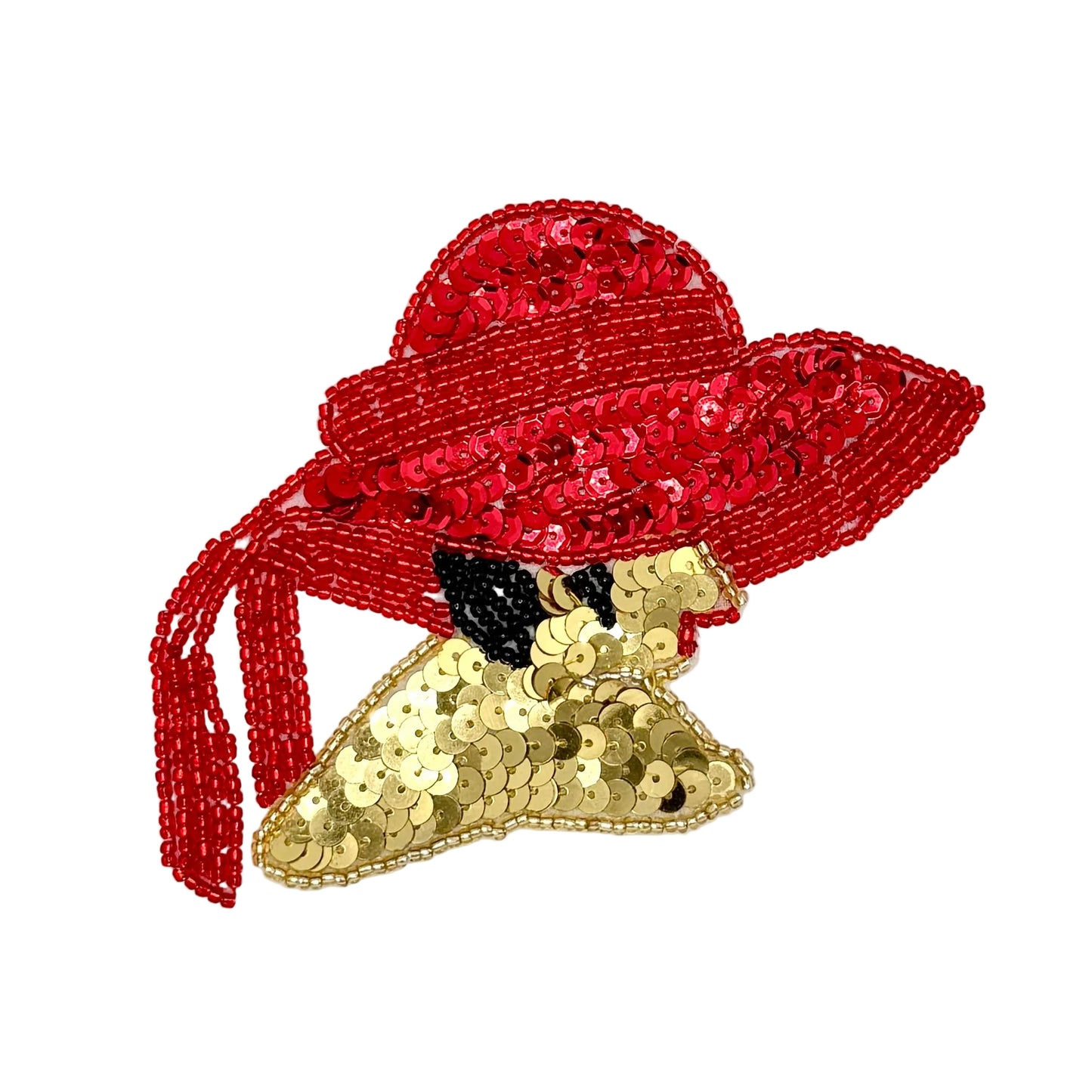 A decorative applique patch shaped like a woman's profile, featuring a large red sequined hat with a red beaded headband and long bow, a gold sequined triangular face, a small black sequined hair area, and red lips, shown on a plain white background.