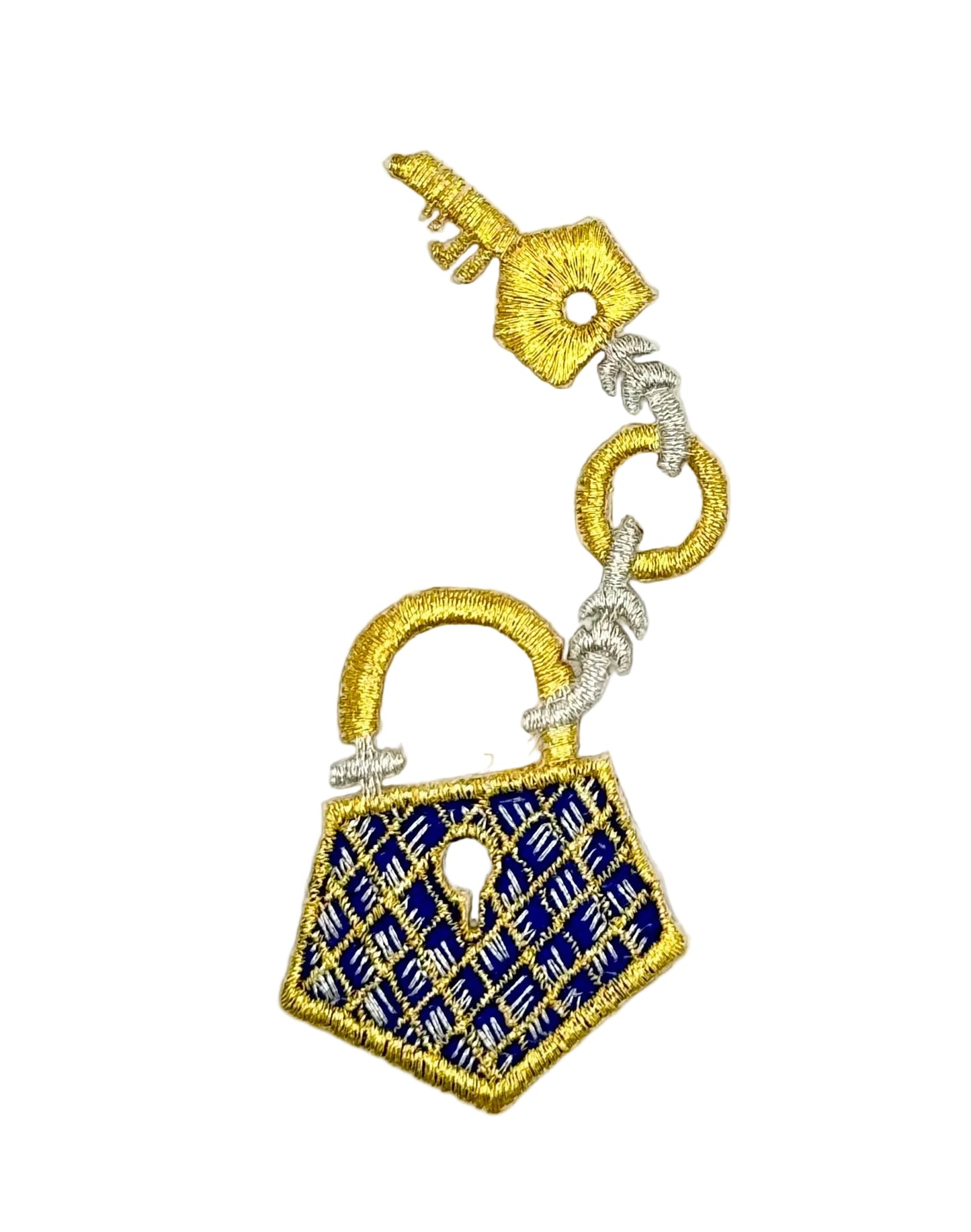 Lock and key embroidered patch. Iron-on back. Blue gold and silver threads. On a white background,.