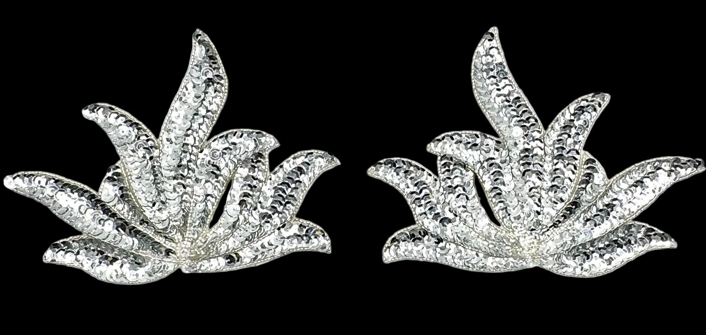 Leaf Pair - Silver Sequins/Beads 6.75”x 5"