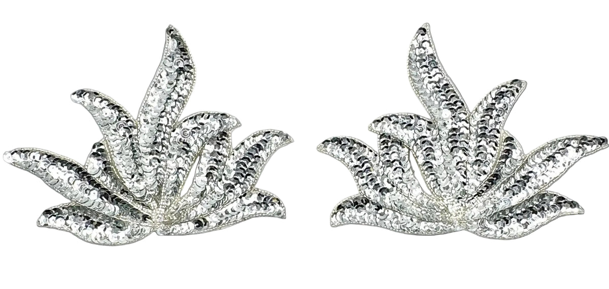 Leaf Pair Applique - Silver Sequins - Glass Beads 6.75" x 4.5"