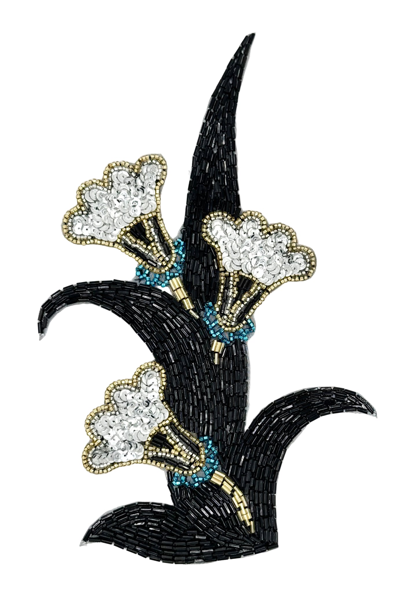 Flor con lentejuelas y abalorios negros y plateados 22,86 cm x 14,61 cm