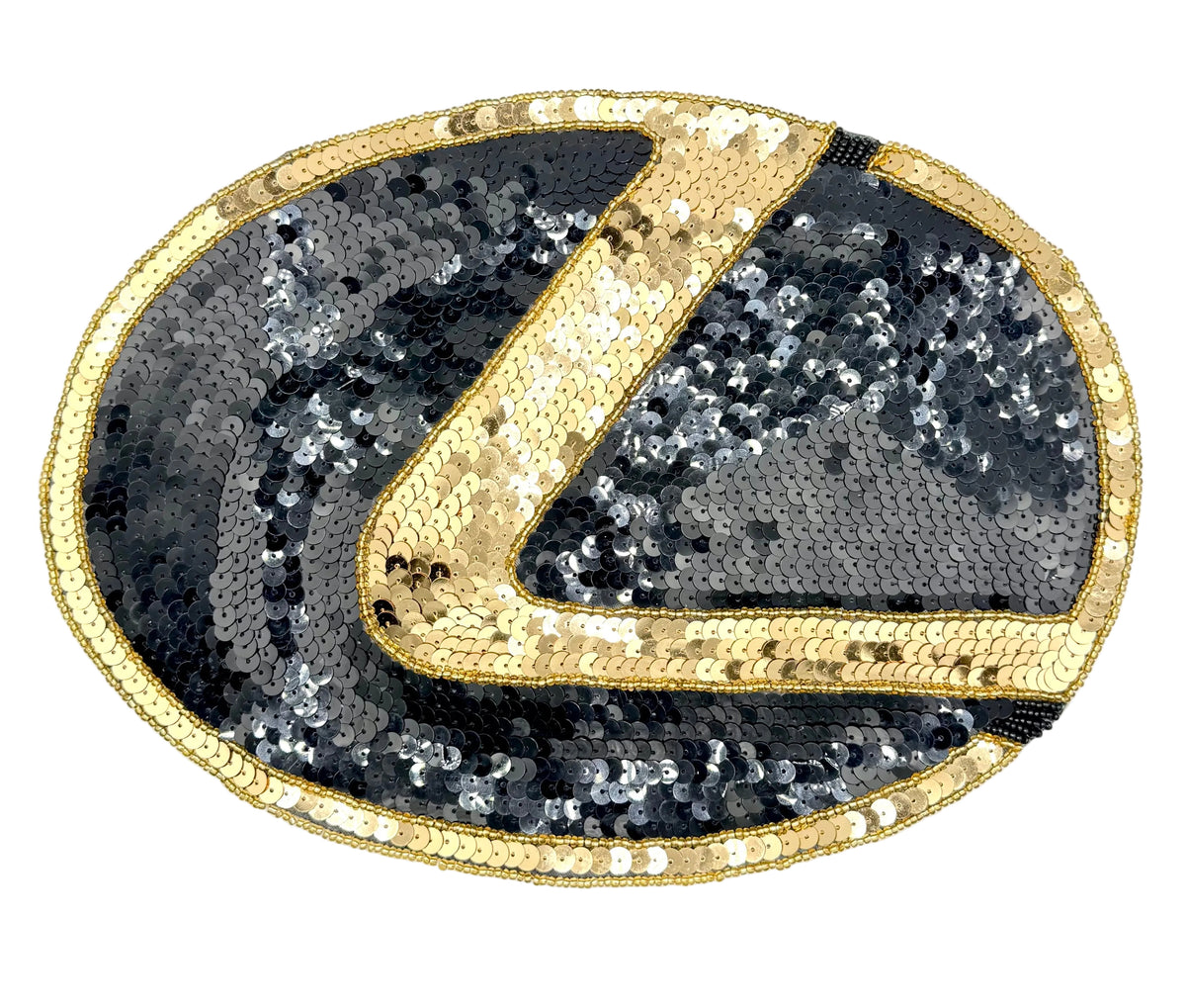 An oval sequined patch featuring a large interlocking gold and black vehicle logo design, crafted with gold beads, black, and gold sequins on a white background.