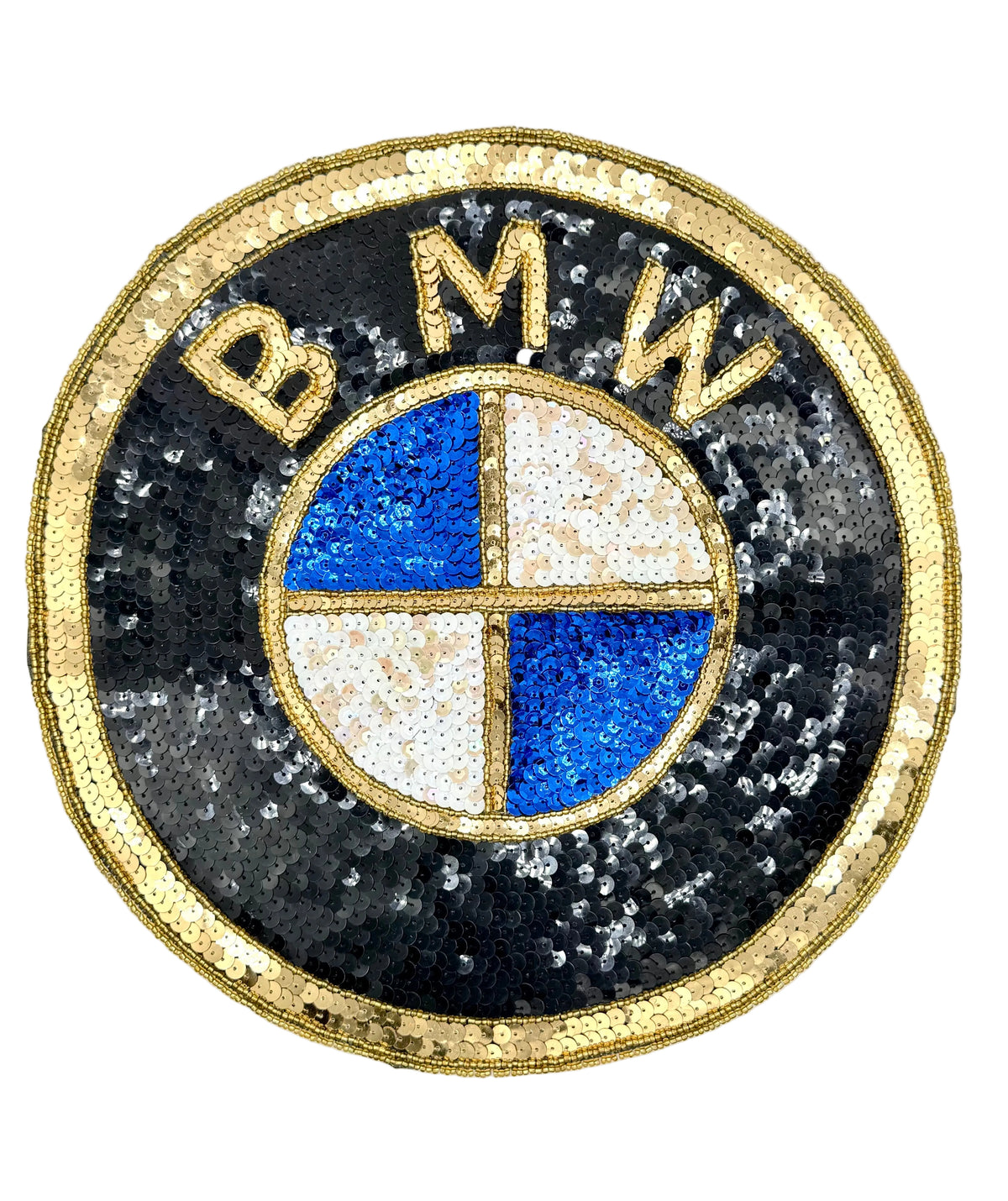 A circular sequined Vintage BMW logo patch featuring black, blue, and white sections with gold trim and the letters B M W.
