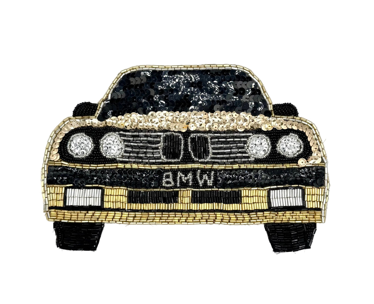 A sequin patch of a classic BMW car, featuring black and gold sequins with silver sequin headlights and 'BMW' lettering on the front grille, set against a plain white background.