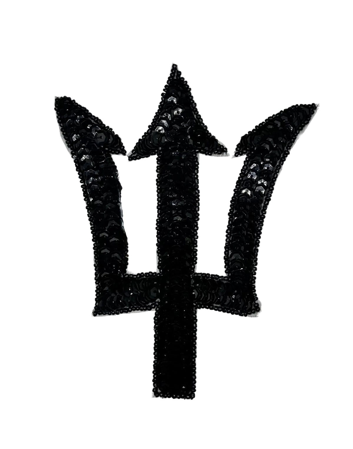 A black sequin trident patch with sequined texture, shown on a plain white background.