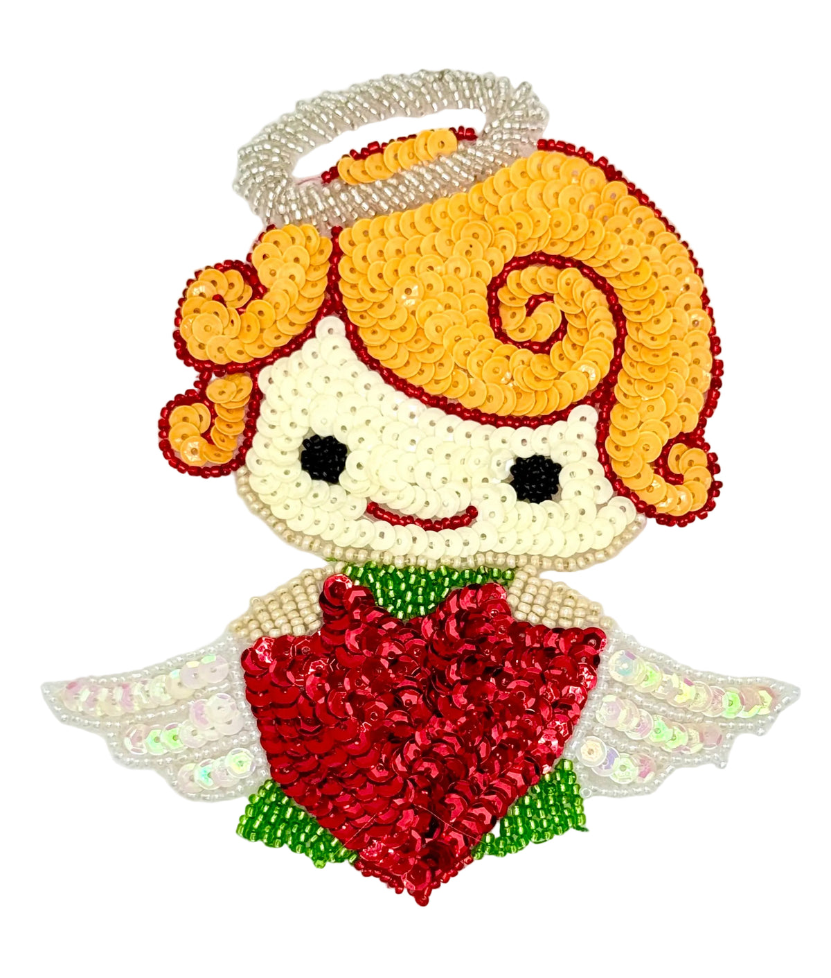 Sequined angel patch with red dress and yellow hair on a white background